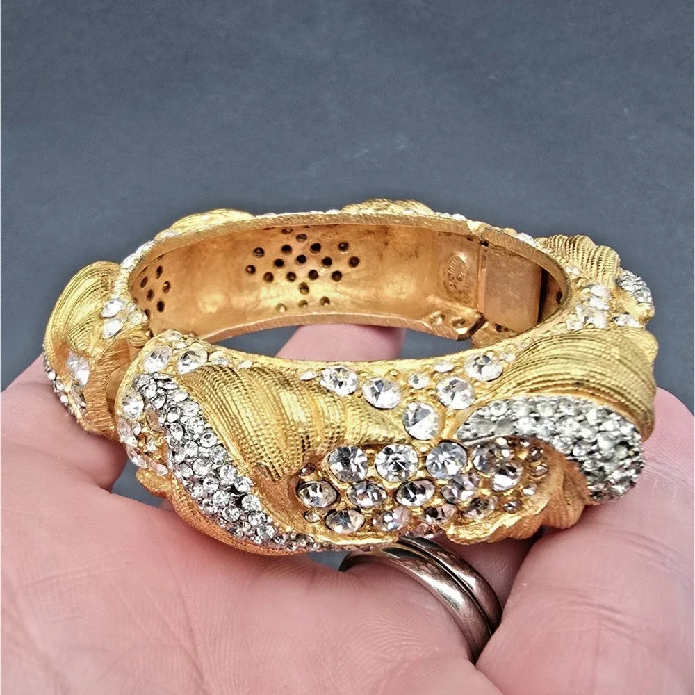 Vintage Cadoro Textured Gold Tone Wide Metal Bangle Bracelet Rhinestone Hinged